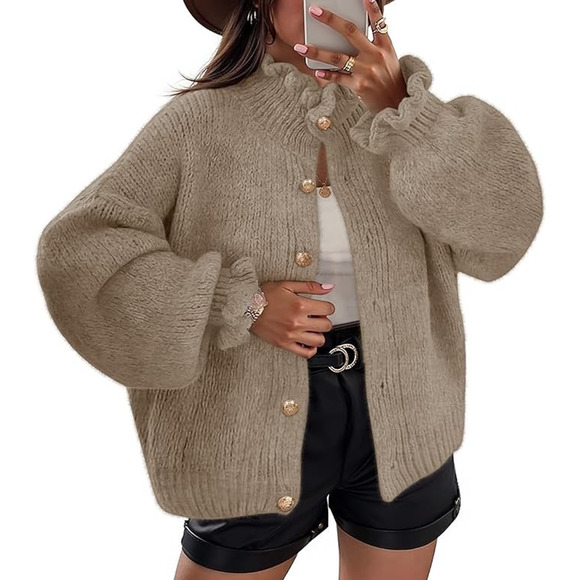 Chunky Knit Renaissance Regencycore Camel Balloon Sleeve Ruffle Cozy Cardigan L - Picture 1 of 6